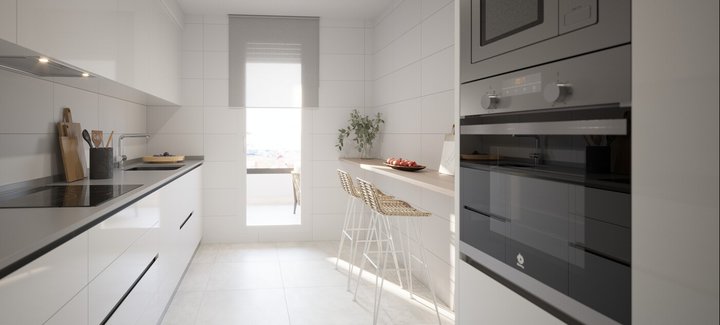 Cocina de las futuras viviendas de la nueva promoción Alter de AEDAS Homes en Valladolid