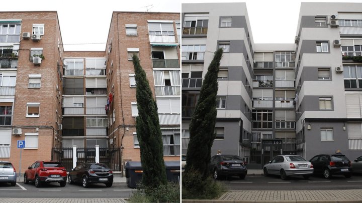 Fachada del edificio de Carabanchel antes y después de su rehabilitación.