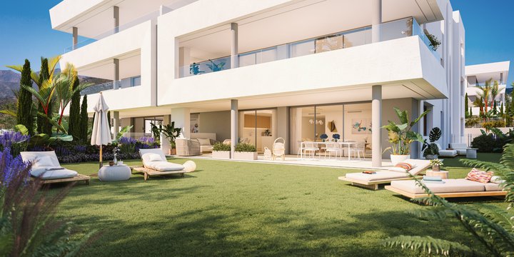 Jardín de las futuras viviendas de la promoción Sunshine de AEDAS Homes en su proyecto Soul Marbella.