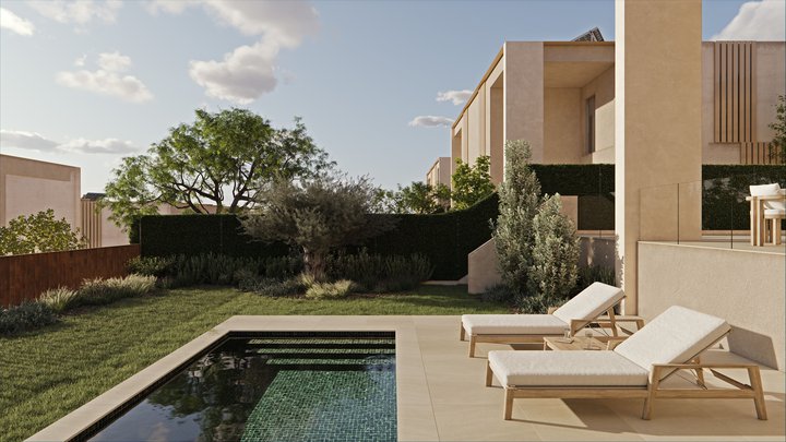 Piscina propia de las futuras viviendas de la nueva promoción Odina de Aedas Homes en Godella, Valencia.