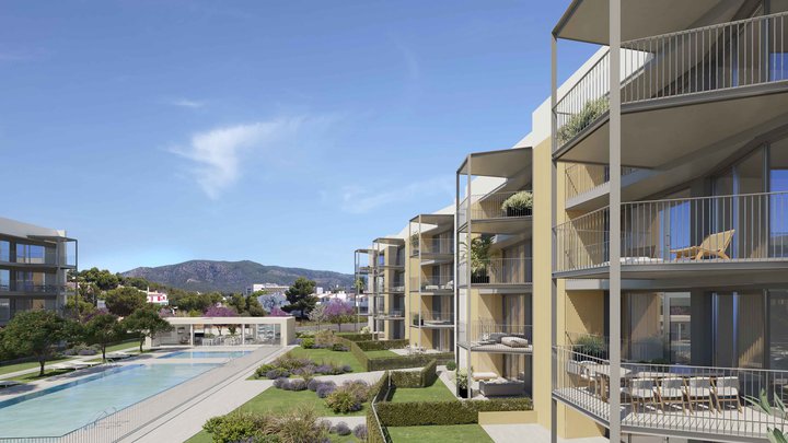 Piscina y terrazas de la nueva promoción Nesea de AEDAS Homes en Palmanova, Calvià.