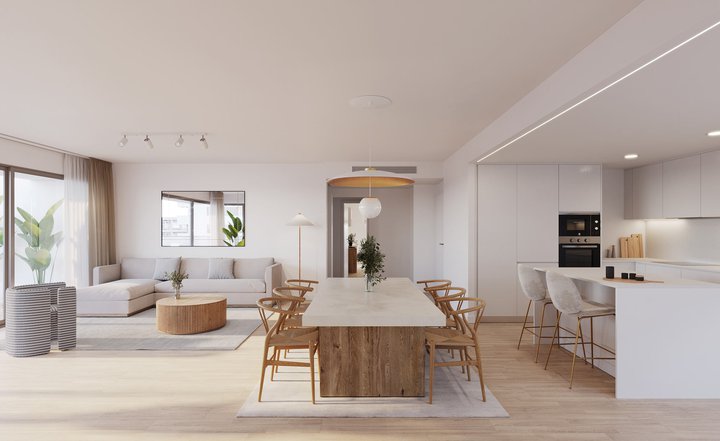 Salón comedor con cocina integrada de las viviendas de la promoción Naya de AEDAS Homes