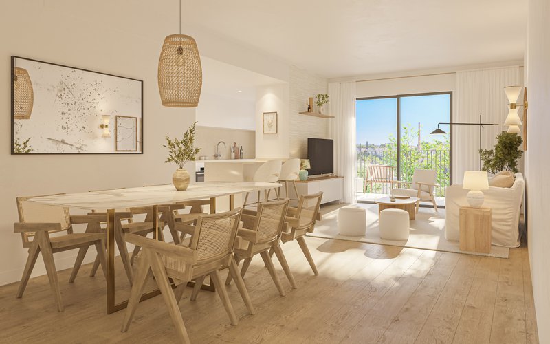 Salón comedor de las futuras viviendas de la nueva promoción Natyre de AEDAS Homes en Marratxí, Mallorca.