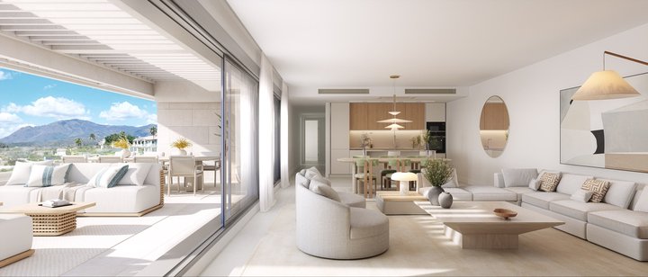 Salón con gran terraza de las futuras viviendas de la promoción Australy Aures de Aedas Homes en Estepona.
