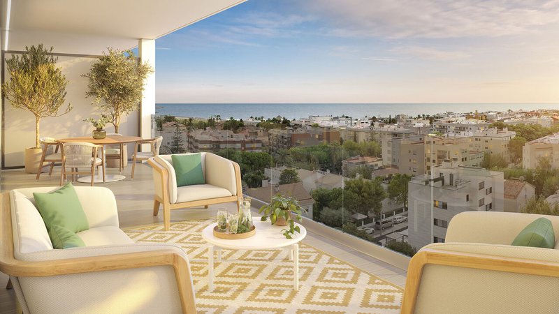 Terraza con vistas de las viviendas de la nueva promoción Milos de AEDAS Homes en Vilanova i la Geltrú._