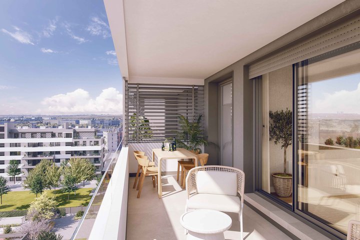 Terraza de las futuras viviendas del nuevo proyecto de AEDAS Homes en Alcalá de Henares