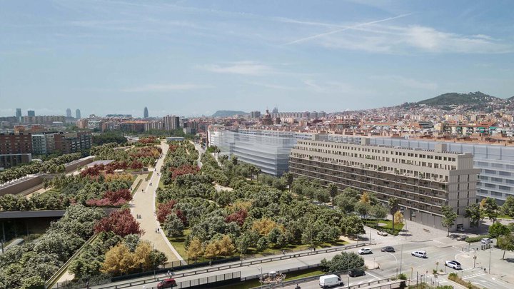 Vista aérea de la primera promoción de Aedas Homes en Barcelona ciudad, Leblich, junto al futuro Parque Lineal de La Sagrera.