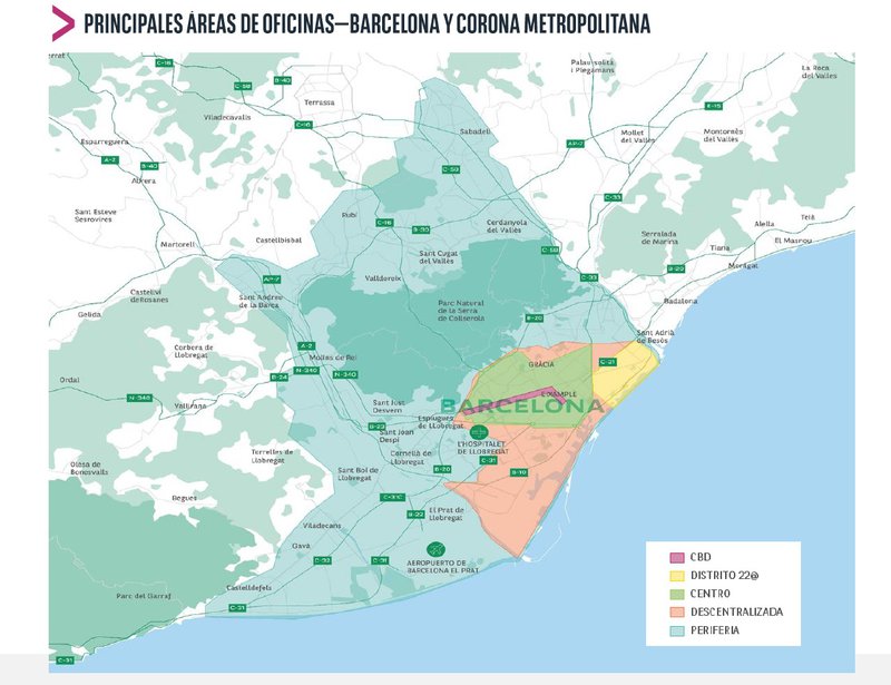 mapa áreas de oficinas de barcelona - bnp paribas real estate